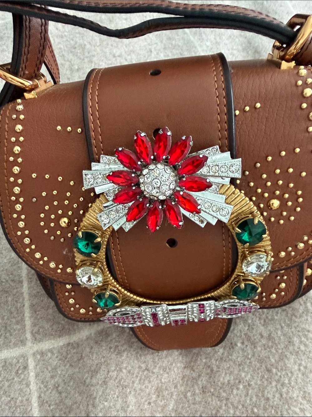 Miu Miu Brown Mini Crossbody with Jeweled Floral Buckle - Picture 6 of 11